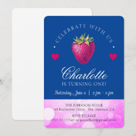 Cartão De Agradecimento Festa de Aniversário de Menina Morango Rosa e Azul