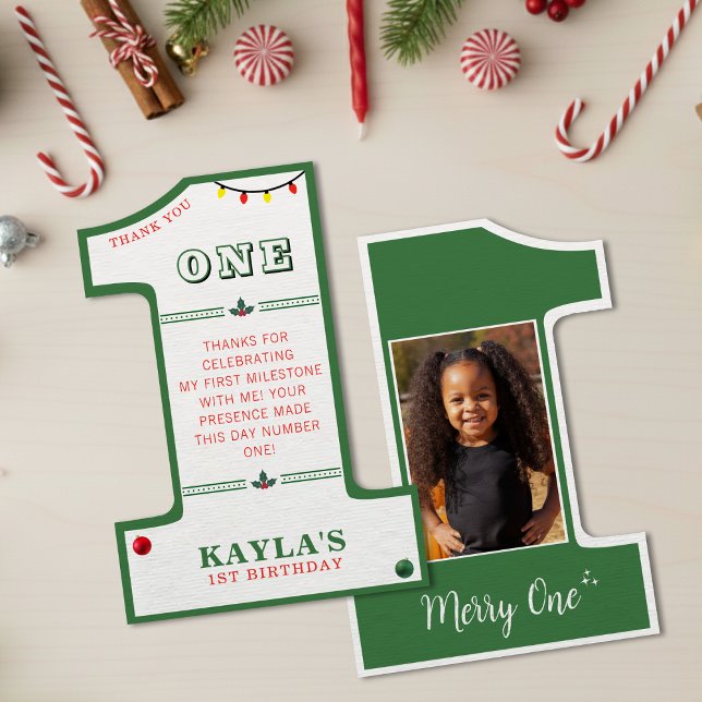 Cartão De Agradecimento Festa de Aniversário de Natal 1 Merry One Foto (Christmas 1st Birthday Party Merry One Photo Thank You Card
)