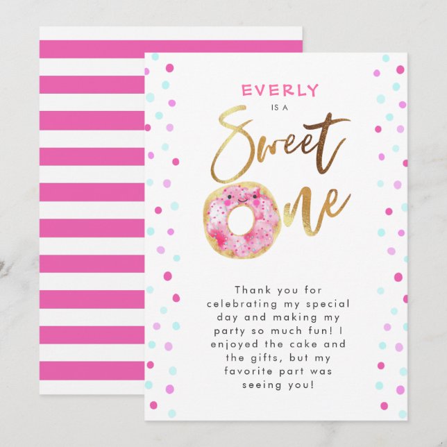 Cartão De Agradecimento Festa de aniversário de Rosquinha rosa doce (Frente/Verso)