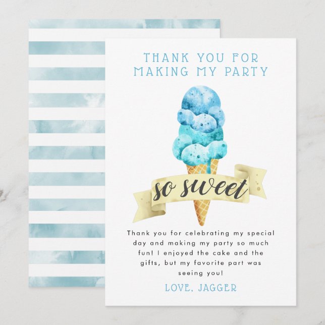 Cartão De Agradecimento Festa de Aniversário do Menino de Sorvete Azul (Frente/Verso)
