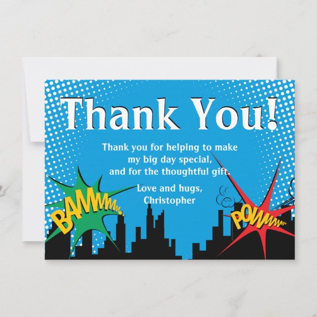 Cartão De Agradecimento Festa de aniversário do Super Herói Comic Boy Obri (Frente)