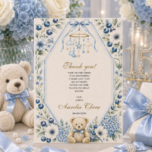Cartão De Agradecimento Festa de aniversário do ursinho Teddy floral azul