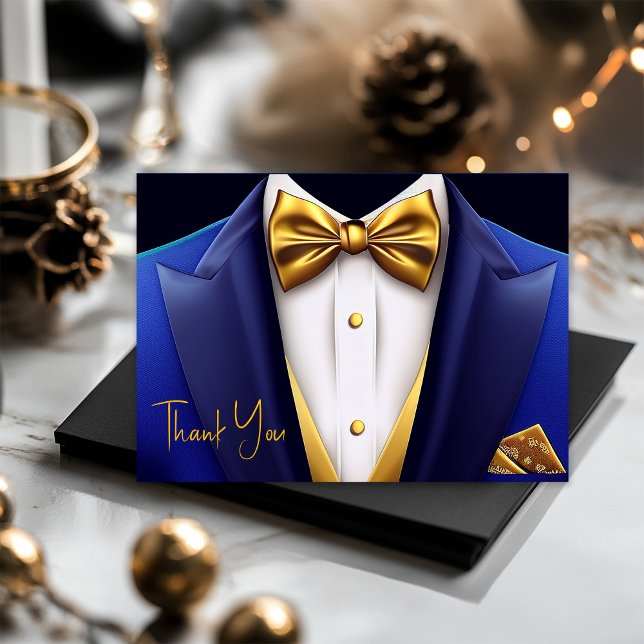 Cartão De Agradecimento Festa de aniversário Dourada de Tuxedo (Mens royal blue and gold thank you card. Add your printed message, or leave blank for hand written.)