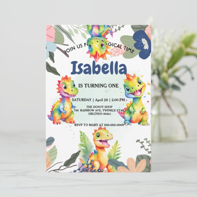 Cartão De Agradecimento Festa de Aniversário Feliz do Dinossauro Floral (Em pé/Frente)