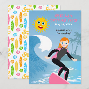 Cartão De Agradecimento Festa de Aniversário Feminina de Surf