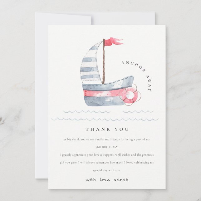 Cartão De Agradecimento Festa de Aniversário Infantil Barco à Vela Azul Ve (Frente)