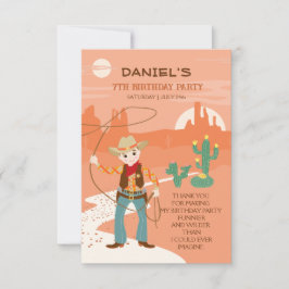 Cartão De Agradecimento Festa de aniversário infantil com Cowboy com laço 