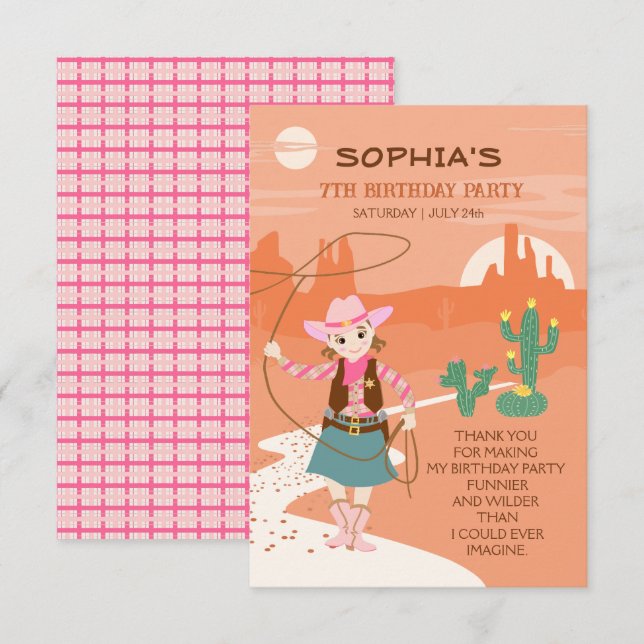 Cartão De Agradecimento Festa de Aniversário Infantil da Cowgirl com laço  (Frente/Verso)
