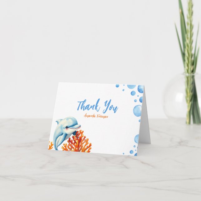 Cartão De Agradecimento Festa de Aniversário Infantil de Golfinho Coral Az (Frente)