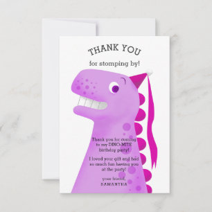 Cartão De Agradecimento Festa de Aniversário Infantil Dinossauro Rosa