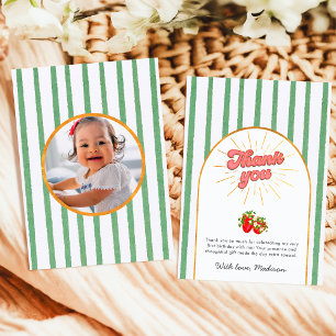 Cartão De Agradecimento Festa de Aniversário Morango Branco Dourado Verde 