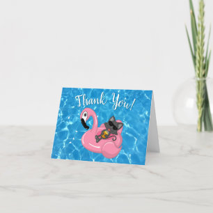 Cartão De Agradecimento Festa de Aniversário na Piscina com Flamingo e Gat