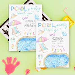 Cartão De Agradecimento Festa de Aniversário no Pool com Aquarela Obrigada