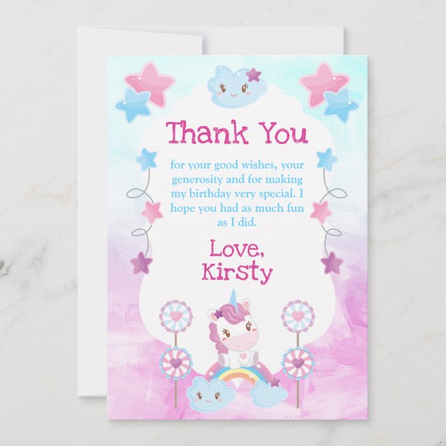 Cartão De Agradecimento Festa de Aniversário Nuvem Arco-íris Unicórnio Son (Frente)
