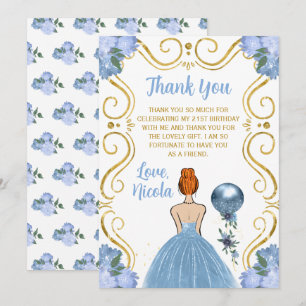 Cartão De Agradecimento Festa de Aniversário Princesa Cabelo Vermelho Azul