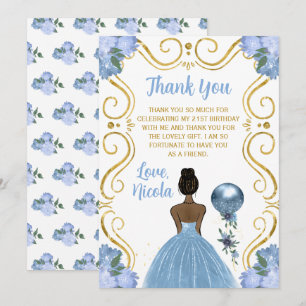 Cartão De Agradecimento Festa de Aniversário Princesa de Pele Morena Azul 