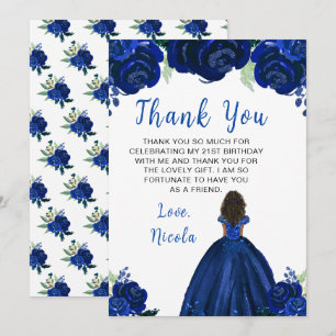 Cartão De Agradecimento Festa de Aniversário Princesa de Pele Morena Navy 