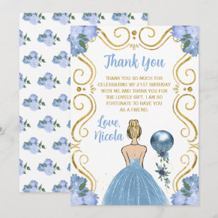 Cartão De Agradecimento Festa de Aniversário Princesa Loura Azul