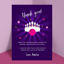 Cartão De Agradecimento Festa de Aniversário Tema Boliche Rosa Roxo Estrel