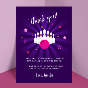 Cartão De Agradecimento Festa de Aniversário Tema Boliche Rosa Roxo Estrel
