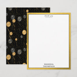 Cartão De Agradecimento Festa de Balões Preto e Dourado Elegante