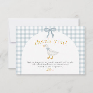 Cartão De Agradecimento Festa de Bebê Silly Goose Blue Gingham Cottagecore