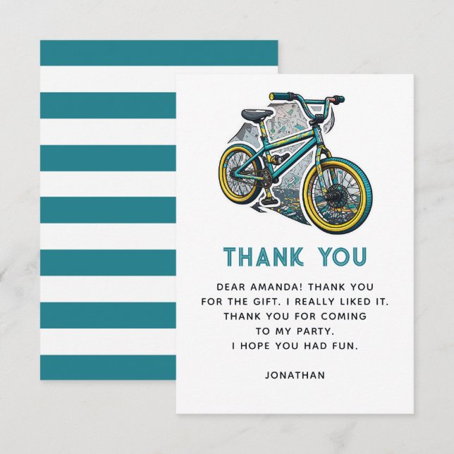 Cartão De Agradecimento Festa de Bicicleta BMX para Crianças. Aventura de  (Frente/Verso)