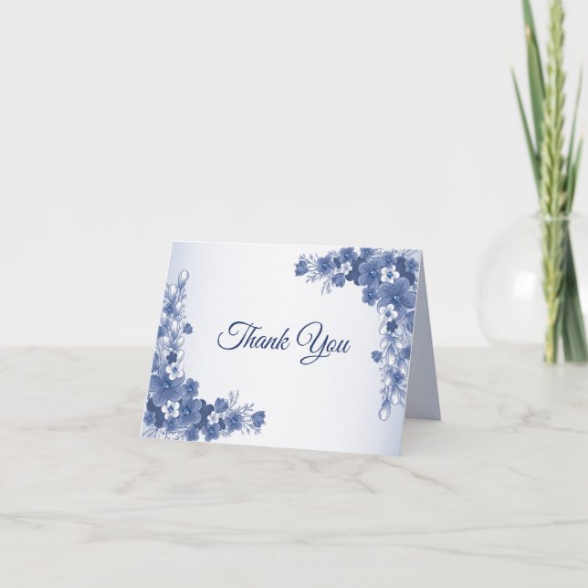 Cartão De Agradecimento Festa de casamento Azul Floral Cinza Branco Russo (Frente)