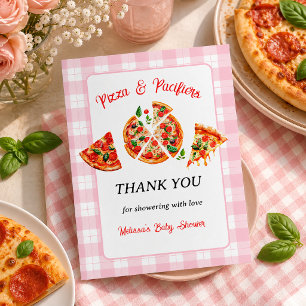 Cartão De Agradecimento Festa de Chá de Bebê Xadrez Rosa e Pizza com Chupe