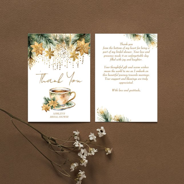 Cartão De Agradecimento Festa de chá de chá de panela de inverno de Boho (Boho Christmas winter bridal shower tea party Thank You Card watercolor gold poinsettia pines thank)
