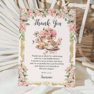 Cartão De Agradecimento Festa de Chá de Noiva Vintage com Flores Rosa