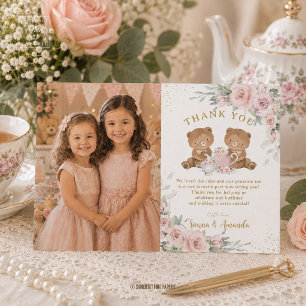 Cartão De Agradecimento Festa de Chá de Ursinhos Florais Rosa Aniversário