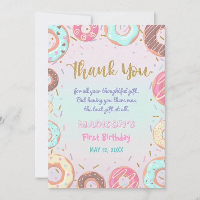 Cartão De Agradecimento Festa de Crescer a Rosquinha de Aniversário de Ros (Frente)