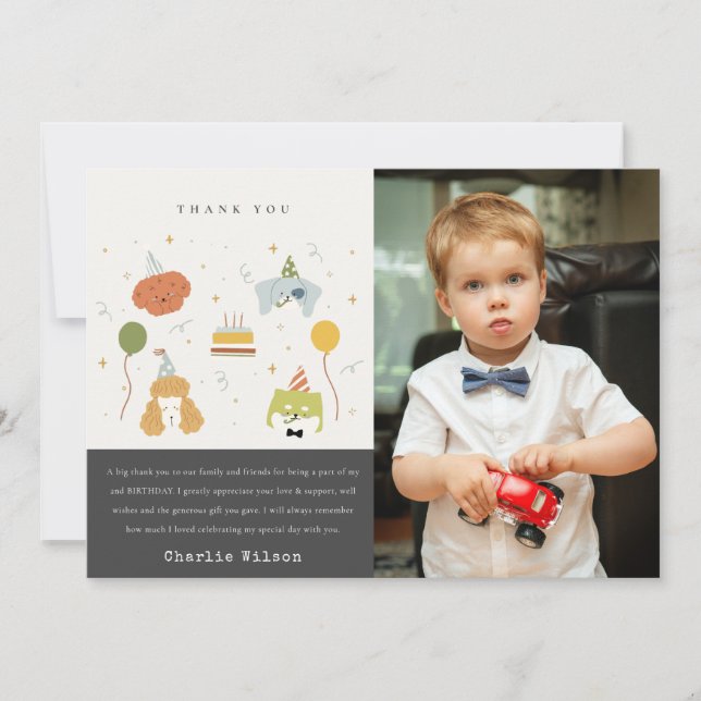 Cartão De Agradecimento Festa de Crianças Fofas Cachorros Foto de Aniversá (Frente)