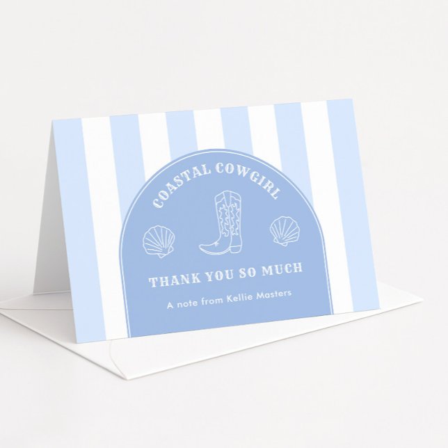 Cartão De Agradecimento Festa de Despedida de Solteira de Cowgirl Costeira (Modern arch blue and white Coastal Cowgirl bachelorette party thank you cards)