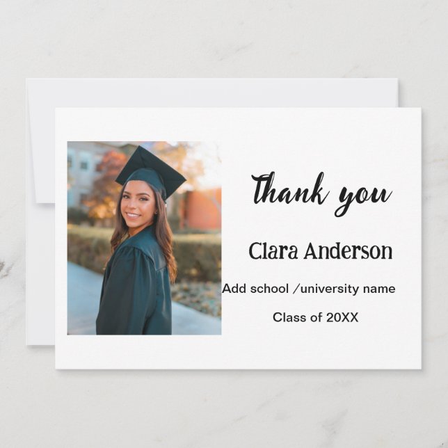 Cartão De Agradecimento Festa de formatura QR branco preto fotográfico clá (Frente)