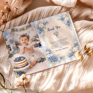 Cartão De Agradecimento Festa de Jardim Berry Azul Primeiro Aniversário