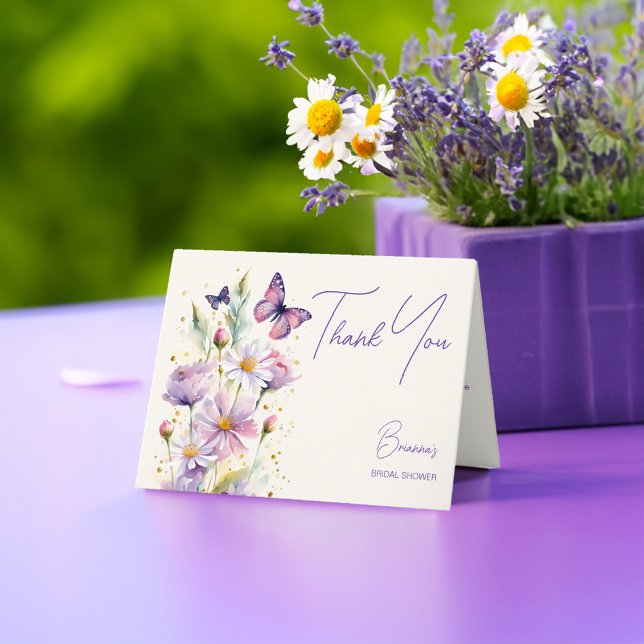 Cartão De Agradecimento Festa de noivado com borboletas roxas (Purple lavender butterflies bridal shower thank you card enchanted garden spring summed theme)