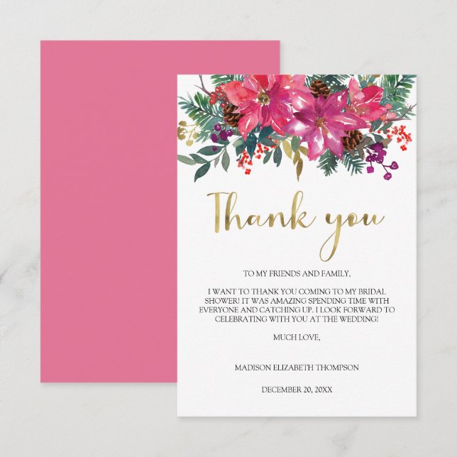 Cartão De Agradecimento Festa de Noivado de Natal com Poinsettia Rosa Mage (Frente/Verso)