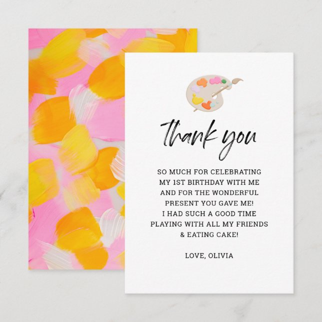 Cartão De Agradecimento Festa de Pintura 1º Festa de Aniversário Obrigado  (Frente/Verso)