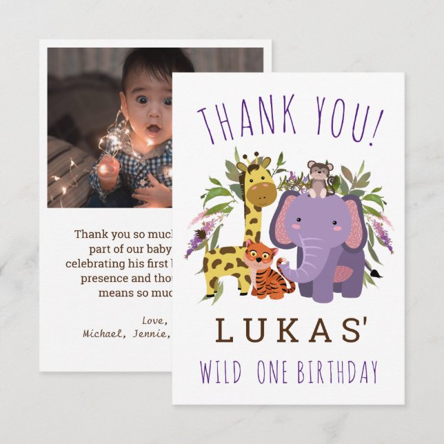 Cartão De Agradecimento Festa de primeiro aniversario Animal Safari da Sel (Frente/Verso)