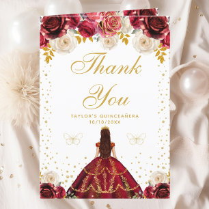 Cartão De Agradecimento Festa de Quinze Anos Princesa Floral Vermelha