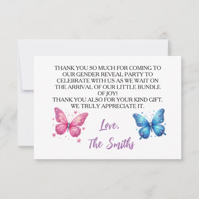 Cartão De Agradecimento Festa de revelação de gênero de borboleta fofa no  (Frente)