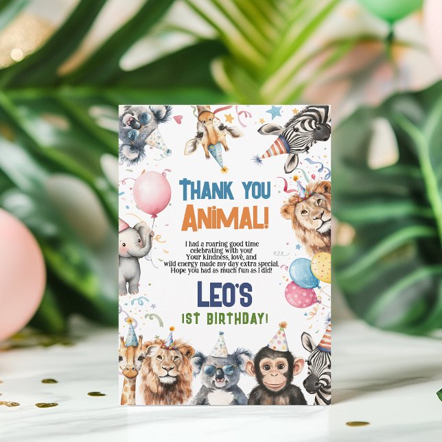 Cartão De Agradecimento Festa Selvagem Convocando Todos os Animais 1º Aniv (Wild Party Calling All Animals 1st Birthday Safari Thank You Card)