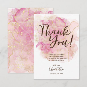 Cartão De Agradecimento Festa Sweet 16 com tons Rosa e Dourado em Aquarela