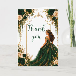 Cartão De Agradecimento Festa Sweet Sixteen Floral Dourada Verde Esmeralda