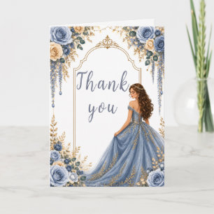 Cartão De Agradecimento Festa Sweet Sixteen Floral Dourado Azul Empoeirado