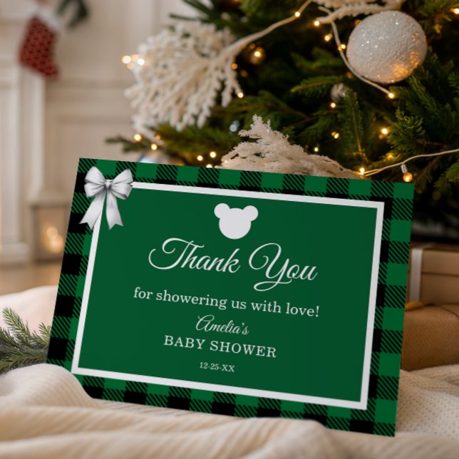 Cartão De Agradecimento Festive Green Plaid Merry Little Baby Shower (Criador carregado)