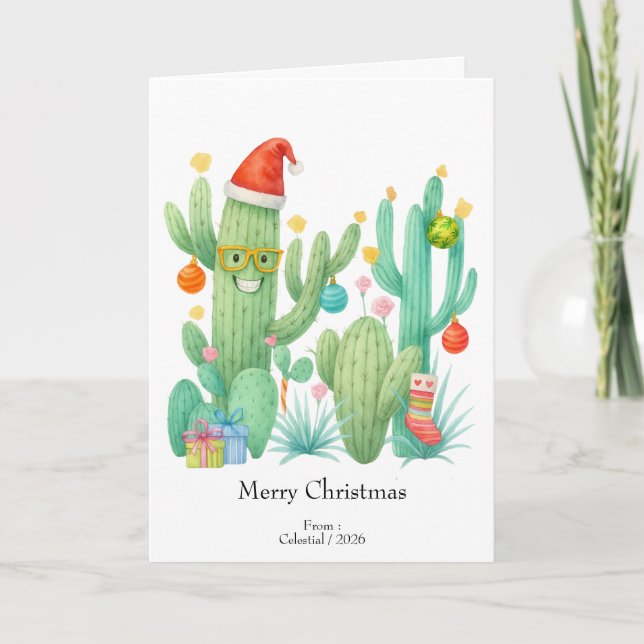 Cartão De Agradecimento Festivo Natal Cactus com Papai Noel e Ornamento (Frente)
