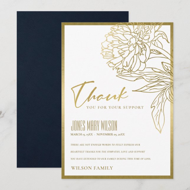 CARTÃO DE AGRADECIMENTO FILHO DE OURO ELEGANTE SINTOMA FLORAL SEMORIAL TH (Frente/Verso)